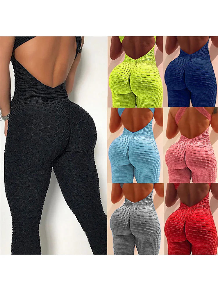 2024 Women's Sports Suit Sleeveless Backless Jumpsuits Costume Quick Dry Gym Bodysuit Tracksuit Fitness Tights Scrunch Leggings