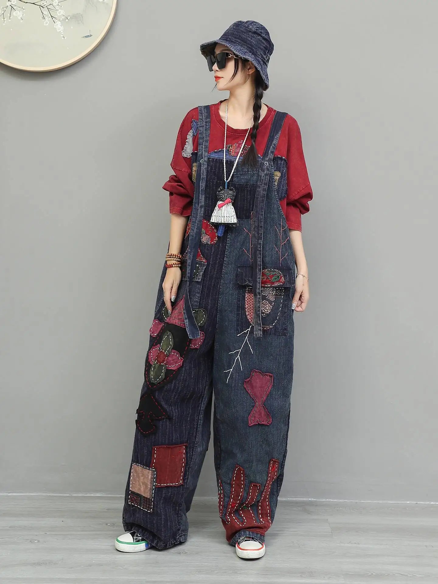 Hand Embroidery Old Cloth Patchwork Wide Leg Strap Long Pants Women Autumn Loose High Waist Jumpsuit LX4343