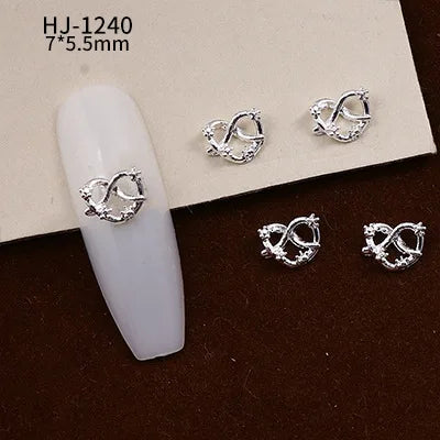 20PCS 3D Glossy Gold Silver Metallic Love Heart Various Crook Frame Solid Alloy Nail Art Rhinestones Decorations Manicure Charms