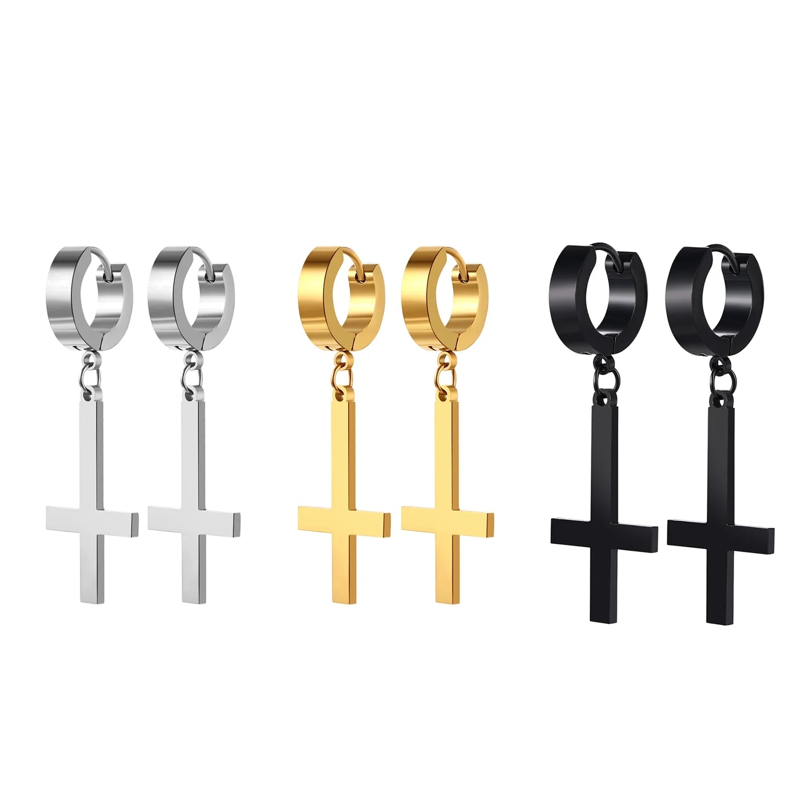 BONISKISS Men Women Stainless Steel Inverted Upside Down Cross Earring Church of Satan Temple Occult Satanic Witchy Stud Jewelry