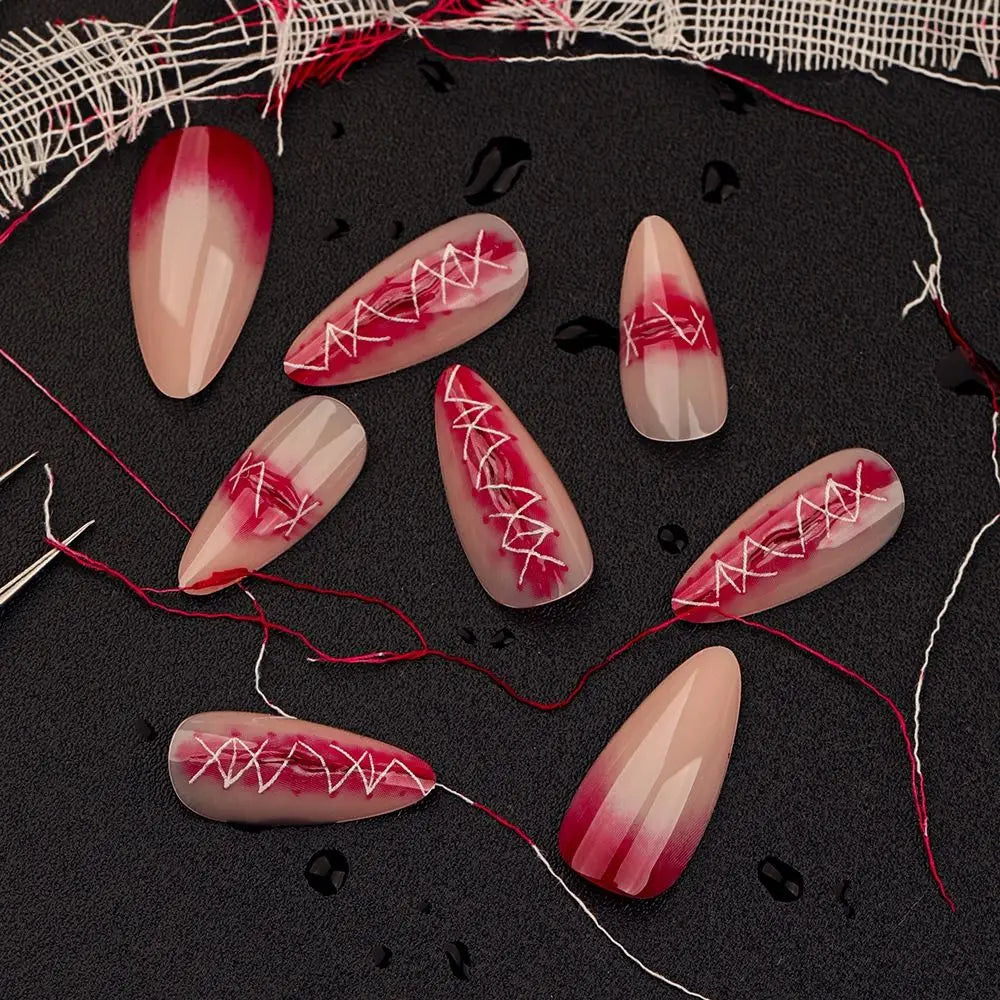 24pcs Manicure Long Almond False Nails Stiletto Ballerina Fake Nials Detachable Halloween Bat French Nail Tips DIY