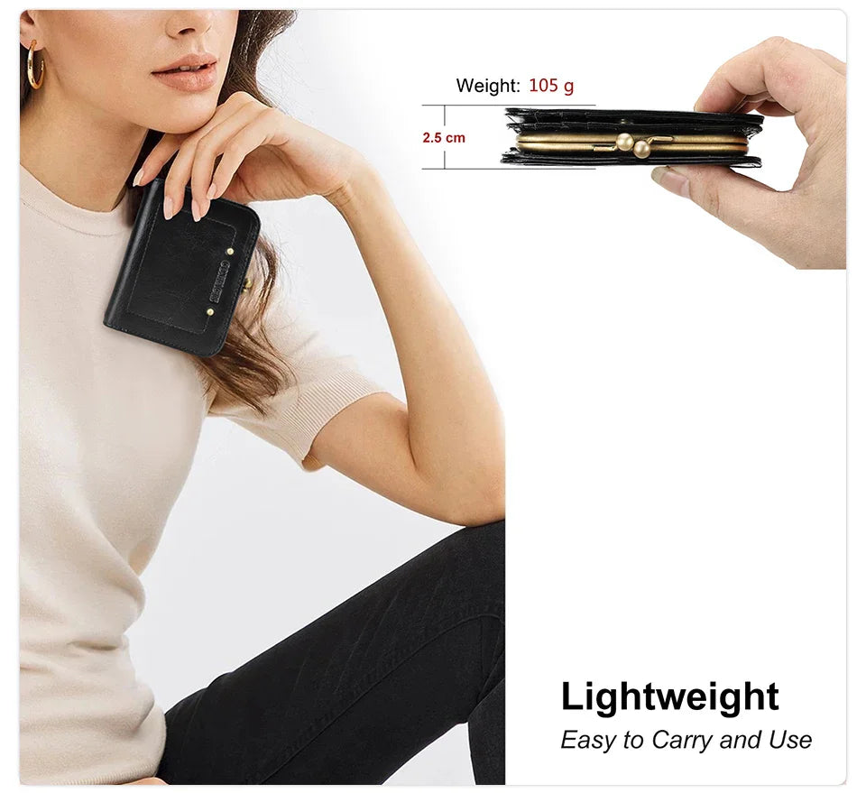 CONTACT'S Genuine Leather Short Wallets for Women Kiss Lock Classic Wallet Metal Frame Coin Purses Card Holder Money Clip Bags