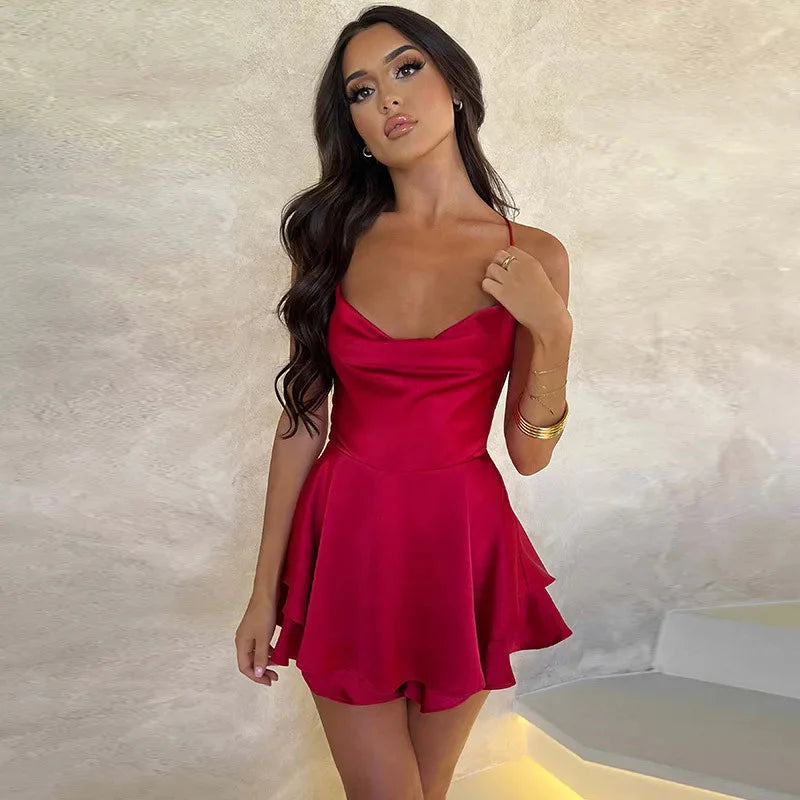 2025 Summer Hot Sale Sexy Solid Color Backless Short Dress - Crisscross Straps Satin Skirt
