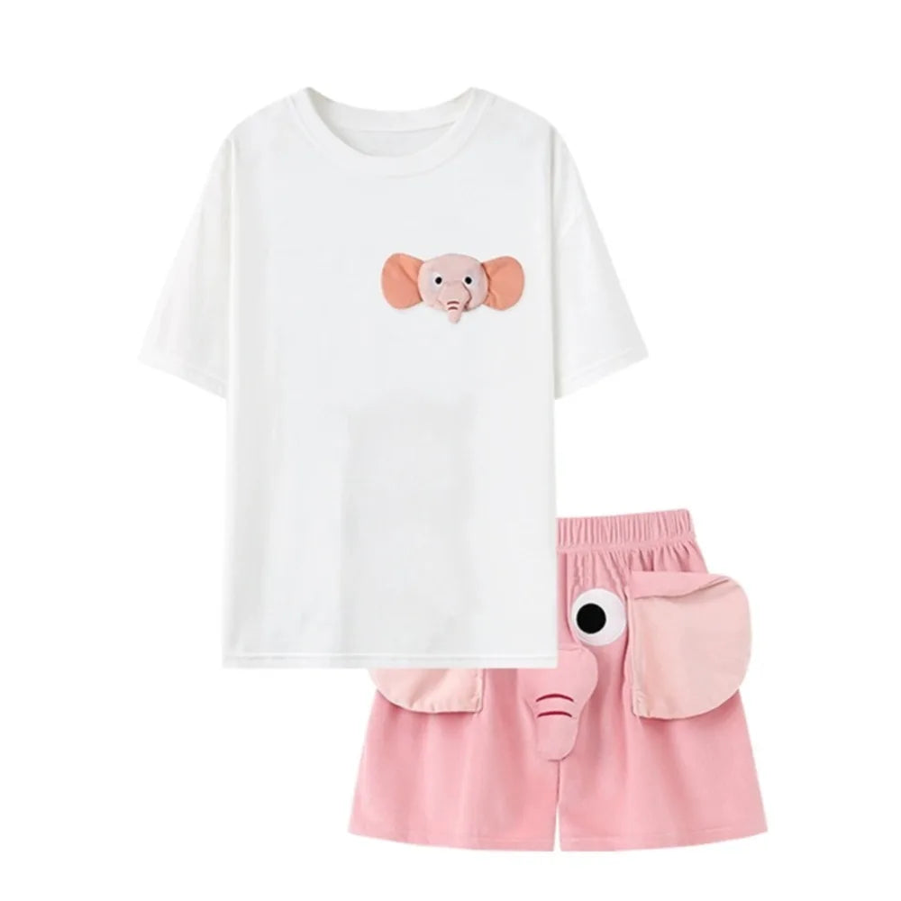 Cartoon 3D Ears Elephant Trunk Pajamas Nose Loose Short Sleeve Sleepwear Funny Couple Pajamas Suit Gifts