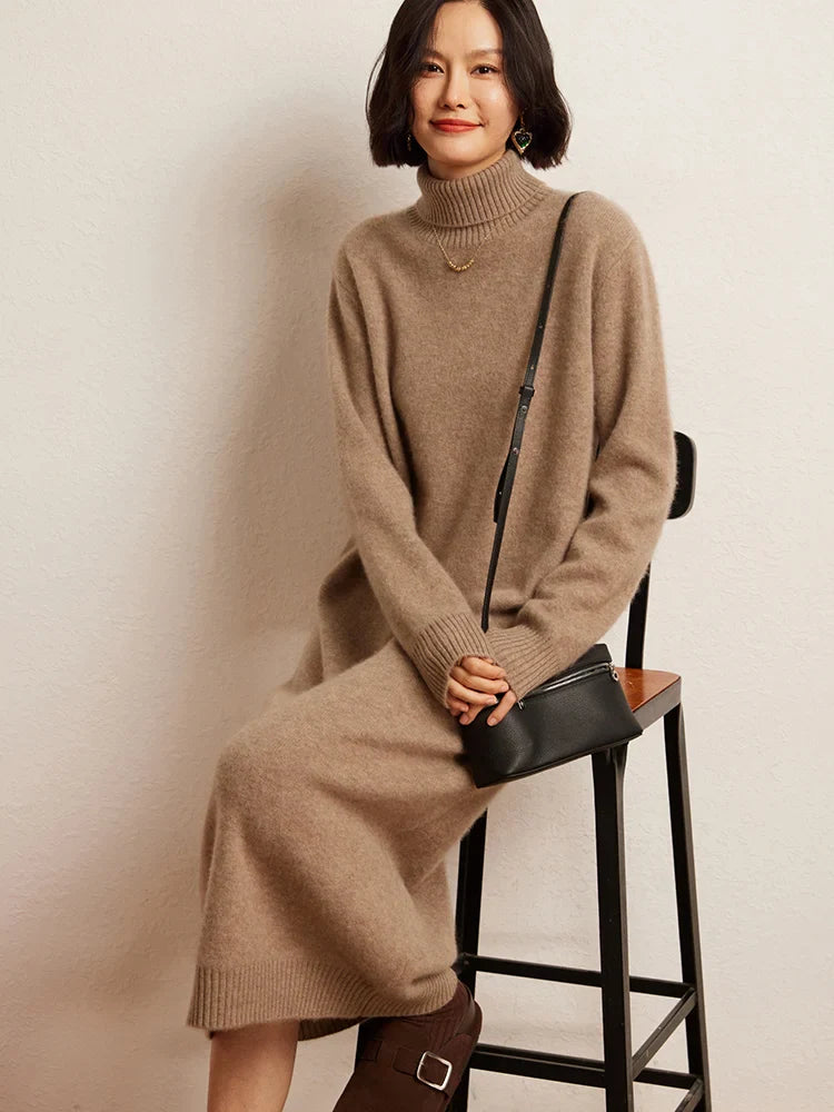 100% Cashmere Sweater Long Dress New Women High Turn-down Collar Pullover  Soft Cosy Autumn Winter Casual Solid Knitwear Dress