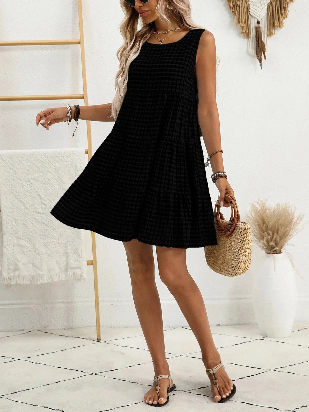 2025 Cross border New Spring and Autumn Fashion Women's Casual Solid Color Lunch Break Hollow Tank Top Dress