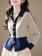 2024 Patchwork New Autumn Winter Polo Knitting Cardigan Sweater Coat Fashion All-match Long Sleeve Temperament Top Tee Women's