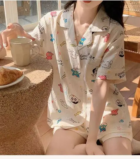 Cute Girl's Summer Cotton Linen ort Sve Nightgown Home Clothes Set Bear Print Gauze Spwear Simple Home Sle