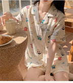 Cute Girl's Summer Cotton Linen ort Sve Nightgown Home Clothes Set Bear Print Gauze Spwear Simple Home Sle