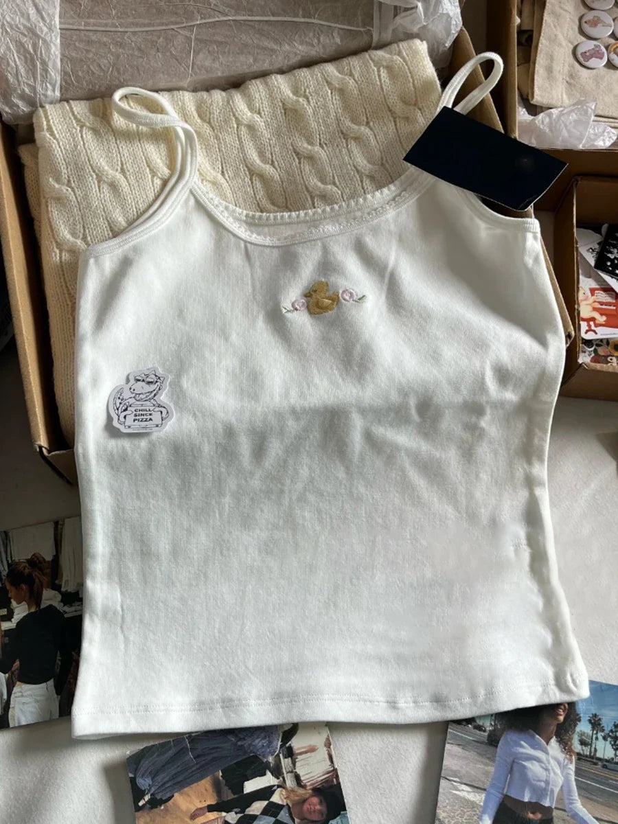 Cute Animal Embroidery Tank Tops Women Summer Lace Trim Cotton Sleeveless Camisole Vests Solid Vintage Sweet Slim Crop Top Y2k