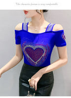 Aoxison Summer Short Sleeved Women's T-Shirt Elegant Slim Shiny Love Heart Diamonds Mesh Tops Chic Girl Sexy Off Shoulder Tees