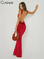 Cutenew Women's Elegant Solid Maxi Dress Sexy Halter Spaghetti Lady Long Dresses Bowknot Lace-up Girl Backless Female Party Robe