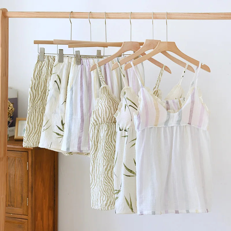 2025 Summer New Women's Two Piece Set of 100% Pure Cotton Crepe Cloth with Chest Cushion Sleepwear Sweet and Cute Home Fury