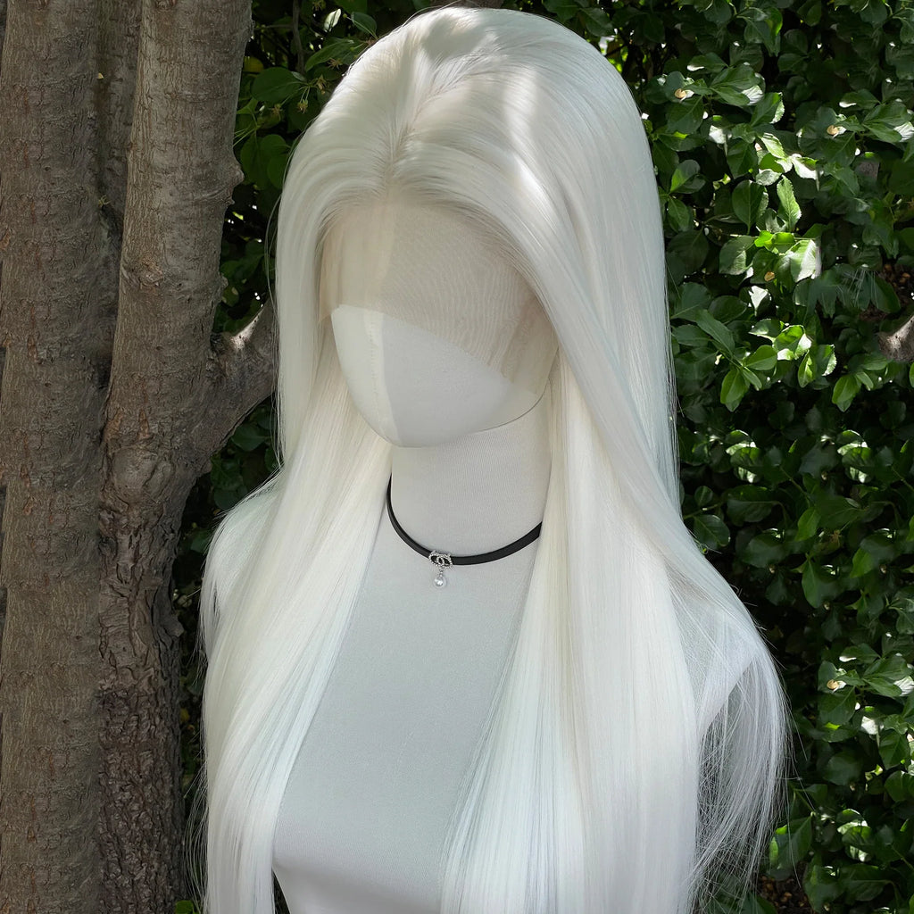 Elf Cosplay White 13x4 Lace Front Wigs for Women Synthetic 26 Inch Long Straight Free Part 150% Density Glueless Half Hand Tied