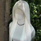 Elf Cosplay White 13x4 Lace Front Wigs for Women Synthetic 26 Inch Long Straight Free Part 150% Density Glueless Half Hand Tied