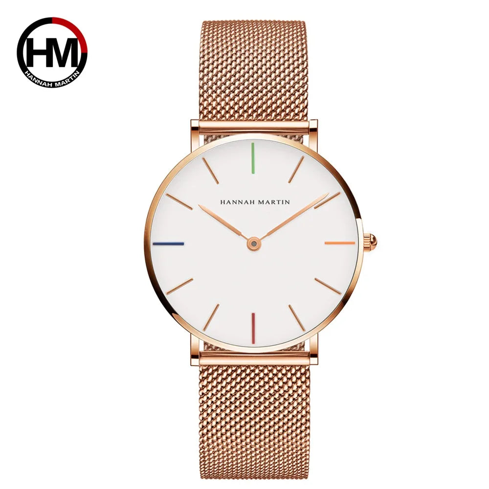 HANNAH MARTIN Brand Classic Women Quartz Watch 36mm Rose Gold Stainless Steel Mesh Strap Japanese Movement Girl Gift Wrist Watch