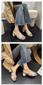 2025 Summer new arrival,fashion style grids high heel slippers for woman,thick heel outwear beach sandals for women