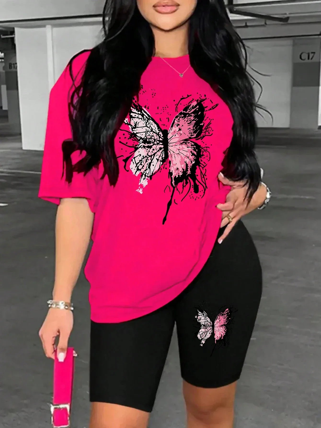 Beautiful Butterfly Pattern Print For Women Short Sleeved Shorts Set Soft Essential Two Piece Set Sports Comfortable Shorts Sets