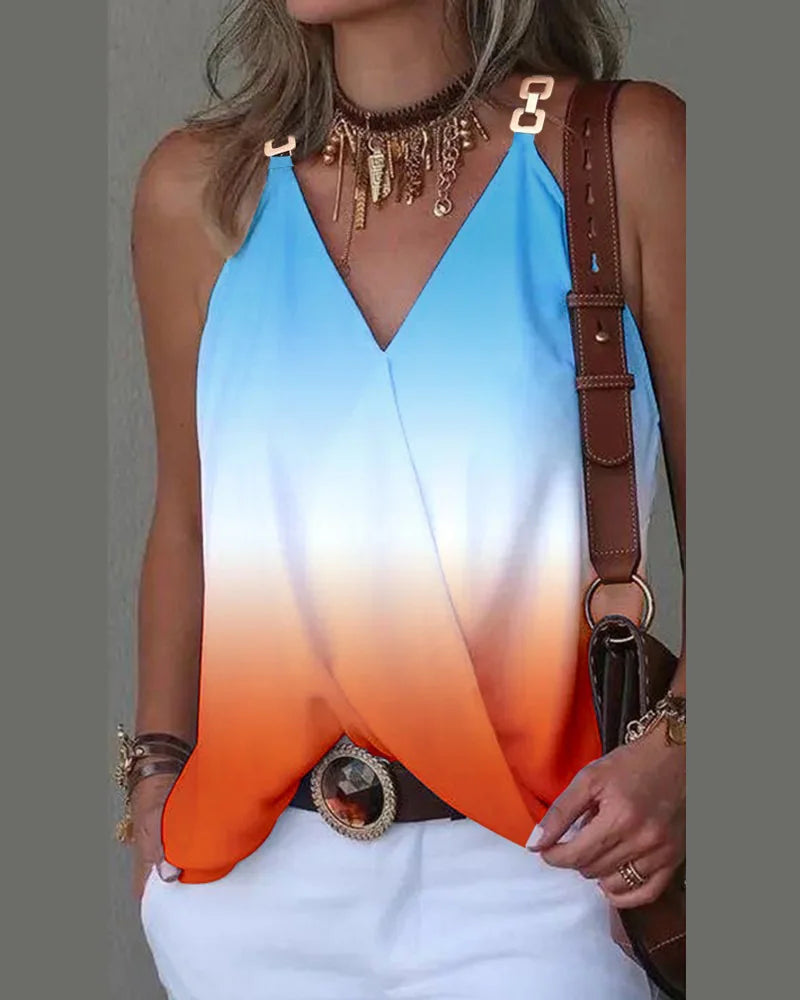 Elegant V-Neck Blouse for Women, Sexy Sleeveless Chain Print, Lady Casual Tops, White, Summer, 2024