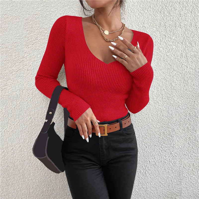 2025 Autumn Winter Women Solid Rib Knit V Neck Stripe Pull Sweater Femme Y2k Long Sleeve Pullover Jersey Tops Fashion Clothes