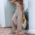 Bohemian Vacation Holiday Jumpsuit Women Pleated Wide Leg Rompers Chiffon Print Ethnic Playsuit Summer Casual Jumpsuits