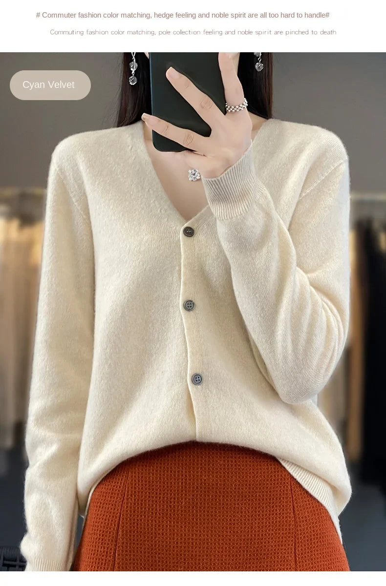 100 Merino Wool Knitted V-neck Sweater Women's Top Loose Korean Version Fashionable Versatile Autumn And Winter Cashmere Sweater