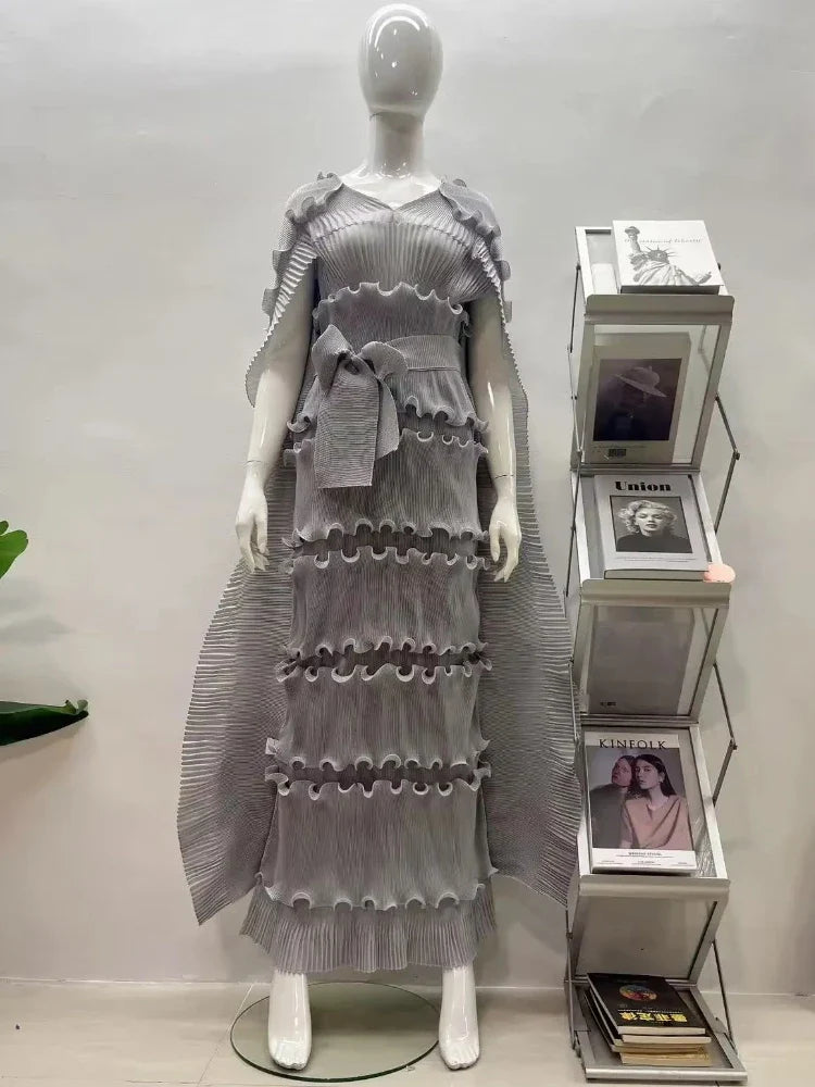 EGRM Miyake Solid Pleated French Three-dimensional Fungus Edge Cake Dress Women's Loose Long Dresses 2025 Summer New 6R8109