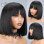200% Human Hair Wig With Bang Natural Glueless Straight Layered Bob Hairstyle 1X13 Transparent Lace Black for Women 10 Inch