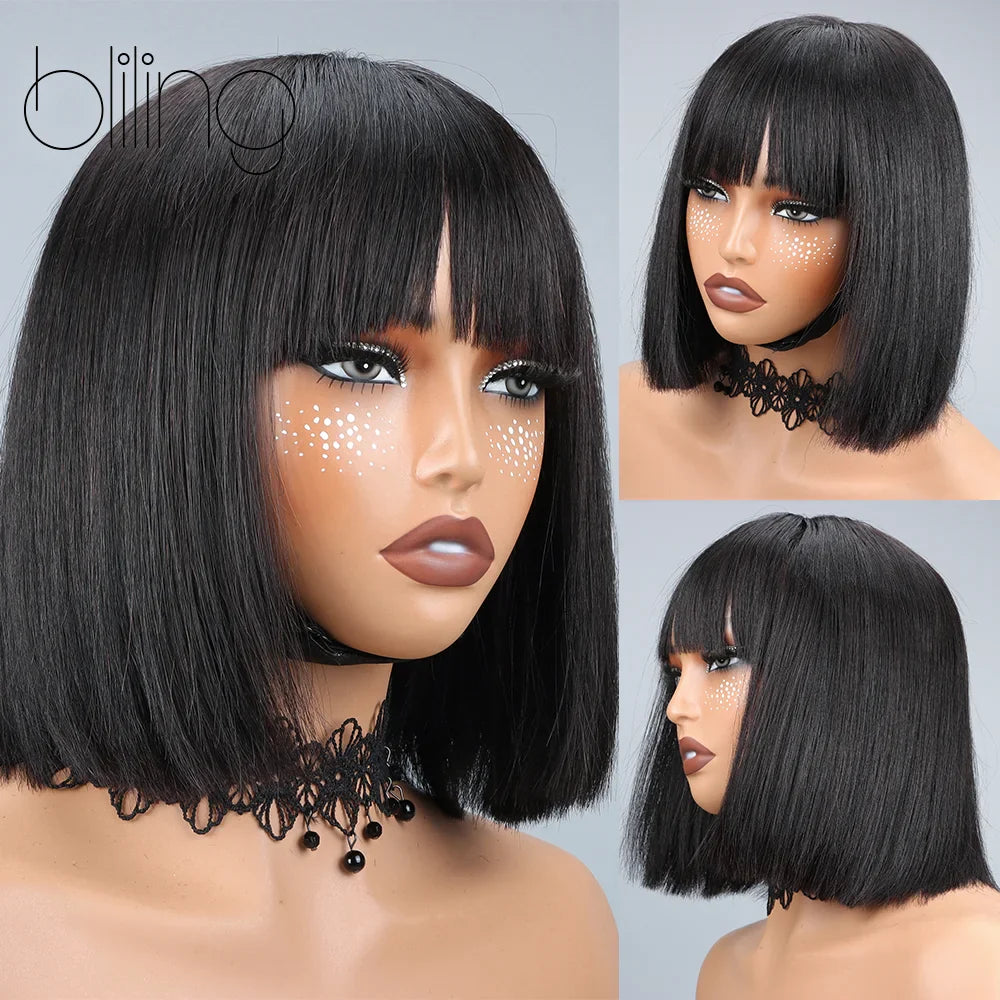 200% Human Hair Wig With Bang Natural Glueless Straight Layered Bob Hairstyle 1X13 Transparent Lace Black for Women 10 Inch