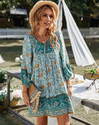 2025 Autumn Womens New Long-sleeved Bohemian Print V-neck Mini Dress For Women's Fashionable Temperament Comfortable Short Skirt