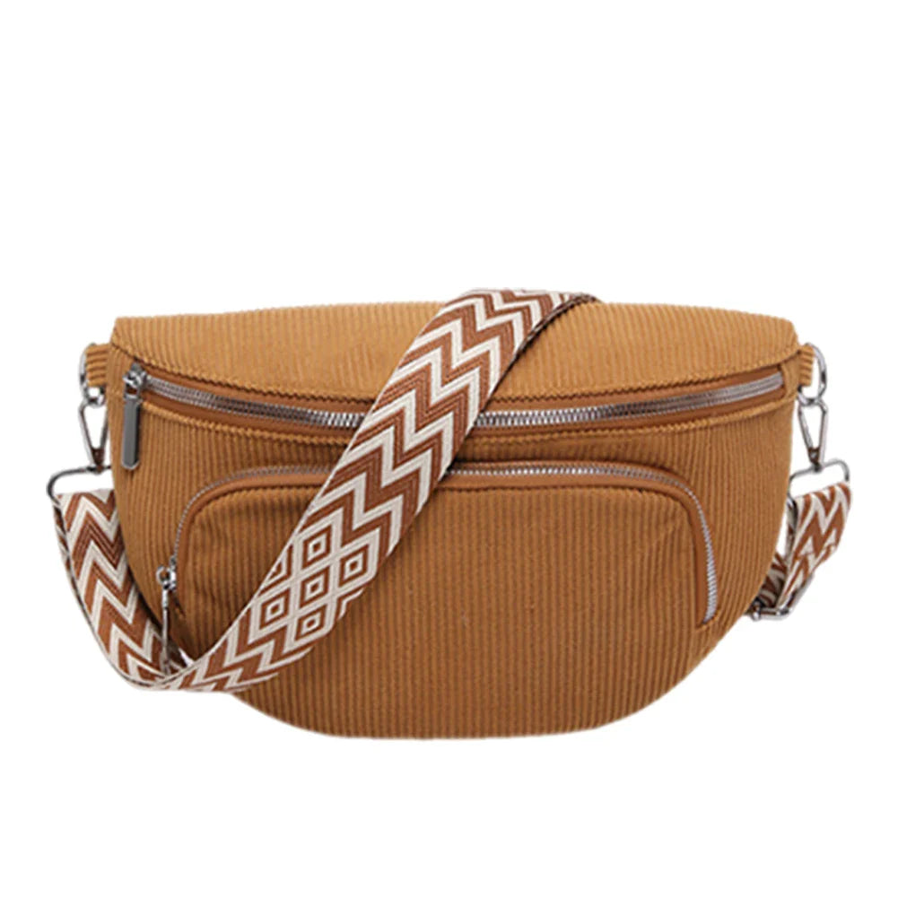 Corduroy Chest Bag Fashion Fanny Pack Wide Guitar Strap Casual Waist Bag Multi-pockets Hobo Sling Bag Outdoor Travel Bag