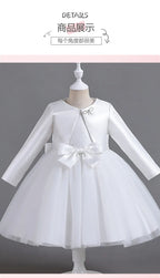 ELBCOS 4-14Y Girls Tie Crew Neck Long Sleeves Solid Color Fold Skirt Cardigan Coat Waist Bow Costumes Princess Party Dress Suit