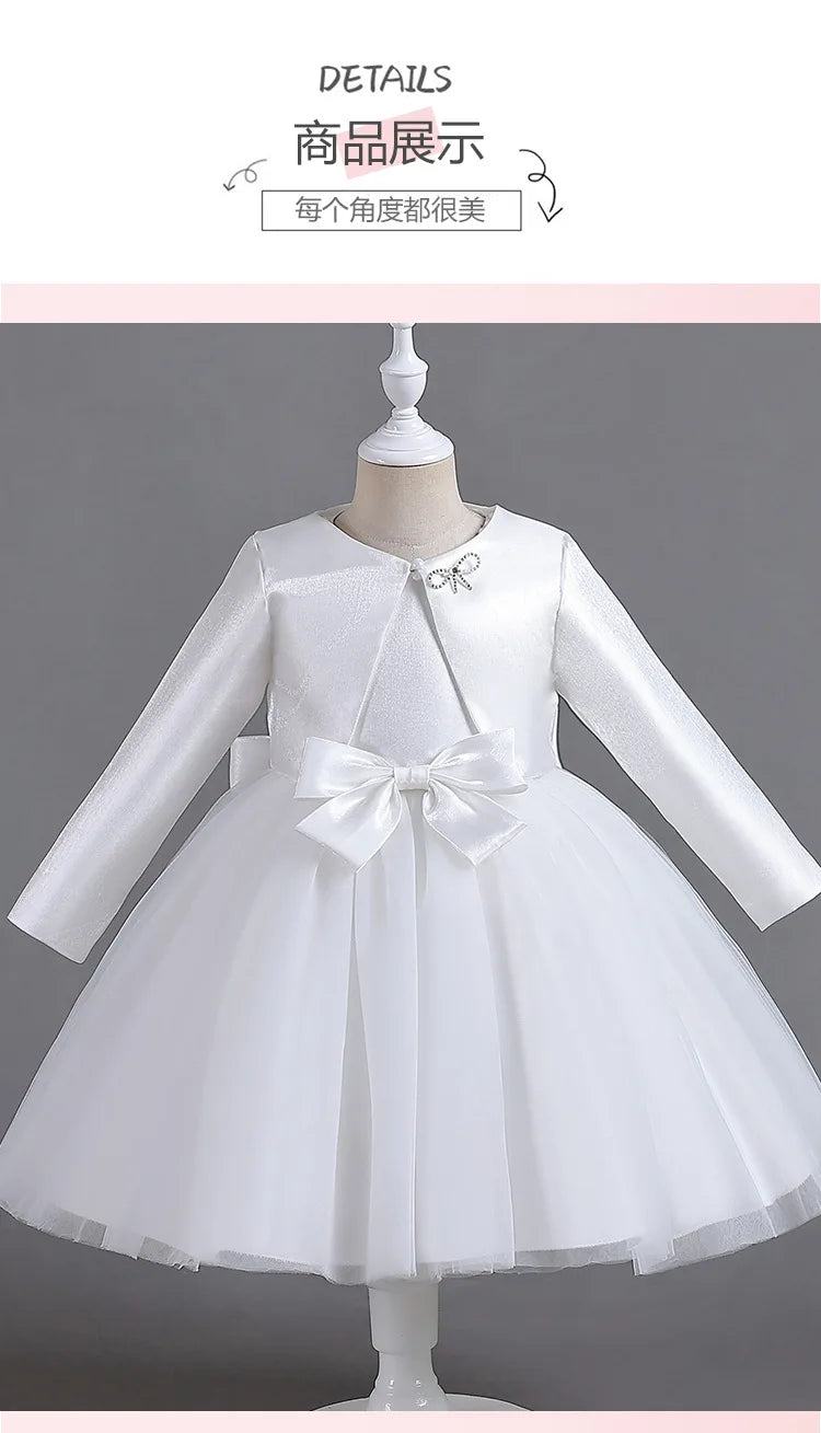 ELBCOS 4-14Y Girls Tie Crew Neck Long Sleeves Solid Color Fold Skirt Cardigan Coat Waist Bow Costumes Princess Party Dress Suit