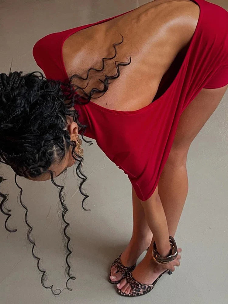 Cutenew Solid Backless Women Mini Dress Trend Summer Sexy Chic Half Sleeve Crew Neck Body-shaping Frock Mujer Simple Party Wear