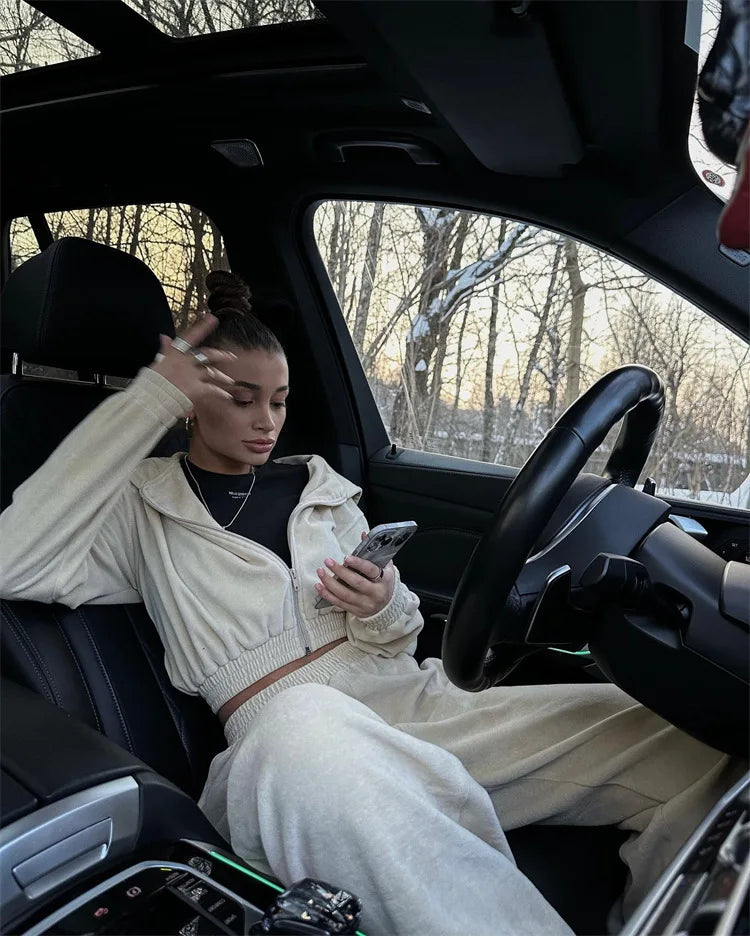 Autumn Winter Casual Two Piece Set Women Street Trend Long-sleeved Hooded Cardigan Sexy Waist Waist Elastic Trousers Tracksuit