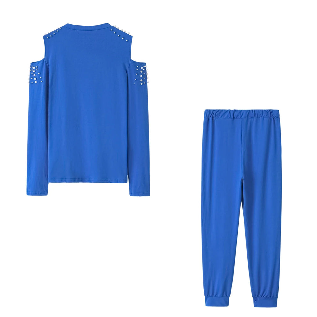 2 Pieces Set Women Europe Fall 2022 Outfit Sexy Nail Bead Pure Color Round Collar Long Suit Sports Set Dropshipping ZXP9596