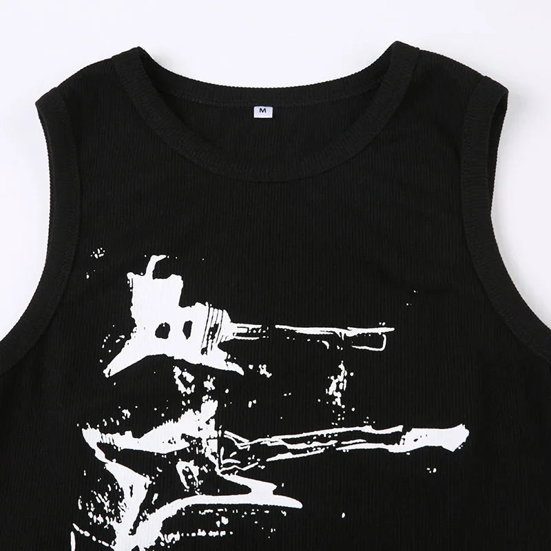 Guitar Print Sleeveless Tank Top Y2K Casual Ribbed Women Grunge Crop Top Harajuku Fashion Vest Tee 90s Street Outfits
