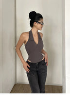 American Style Spicy Girl Sleeveless Polo Neck Solid Bodysuits Women's 2024 Summer New Sexy Backless High Waisted Slim Top Q29N