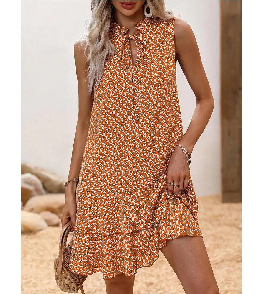 2025 Elegant Women's Casual Loose Ruffle Mini Dress Summer Bohemian Printed V-neck Lace-up Small Flying Sleeve Dresses For Women