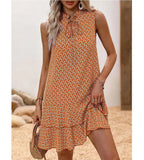 2025 Elegant Women's Casual Loose Ruffle Mini Dress Summer Bohemian Printed V-neck Lace-up Small Flying Sleeve Dresses For Women