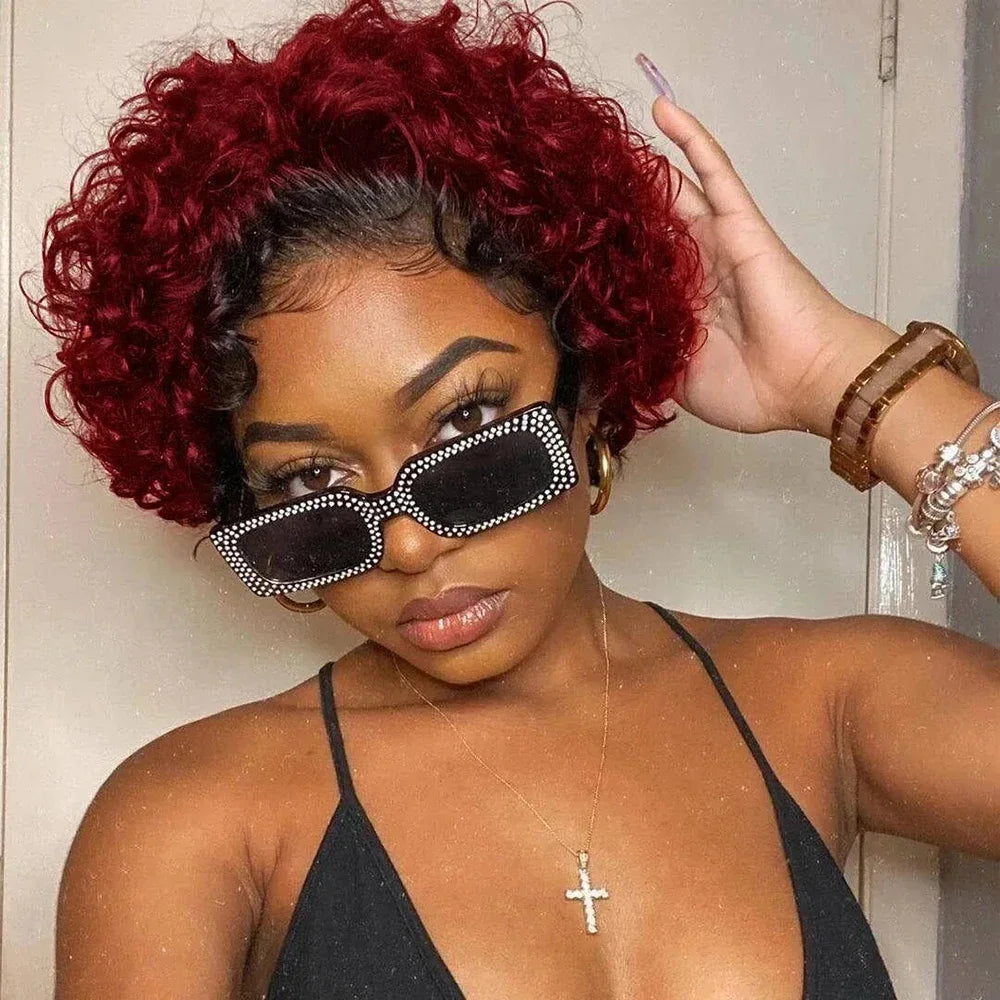 99J Short Curly Lace Front Human Hair Wigs 13X1 Pixie Cut Short Curly Human Hair Wigs Red Water Wave Wigs For Women Human Hair
