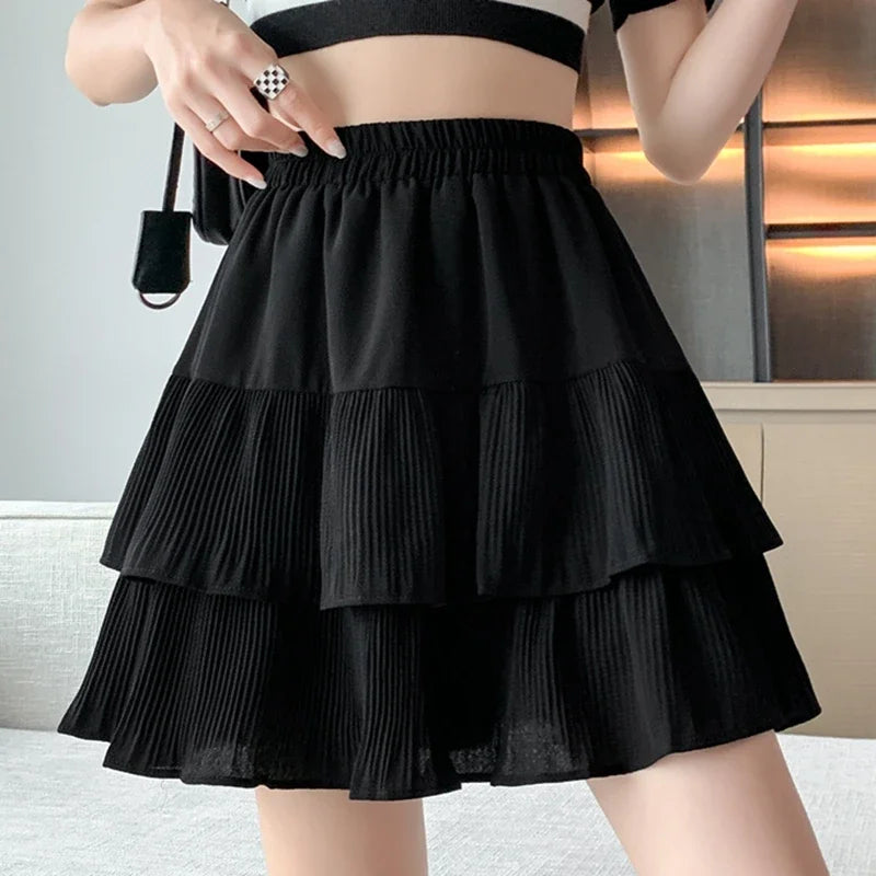 Casual Summer Ball Gown Pleated Skirts Women 2024 Korean Fashion Clothing Faldas Largas High Waist Black White A Line Mini Skirt