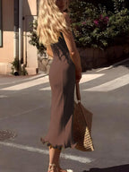 Dulzura Sleeveless Ruffles Patchwork Strapless Bodycon Midi Dress Women'S Solid Sexy Outfit Party Clubwear For Autumn Winter