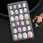 24Pcs Children Cartoon Nail Tips Colorful Cute Rabbit Pink Stars 6-14 Years old Girl Fake Nail With Jelly Glue Kids False Nail
