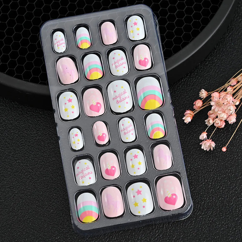 24Pcs Children Cartoon Nail Tips Colorful Cute Rabbit Pink Stars 6-14 Years old Girl Fake Nail With Jelly Glue Kids False Nail