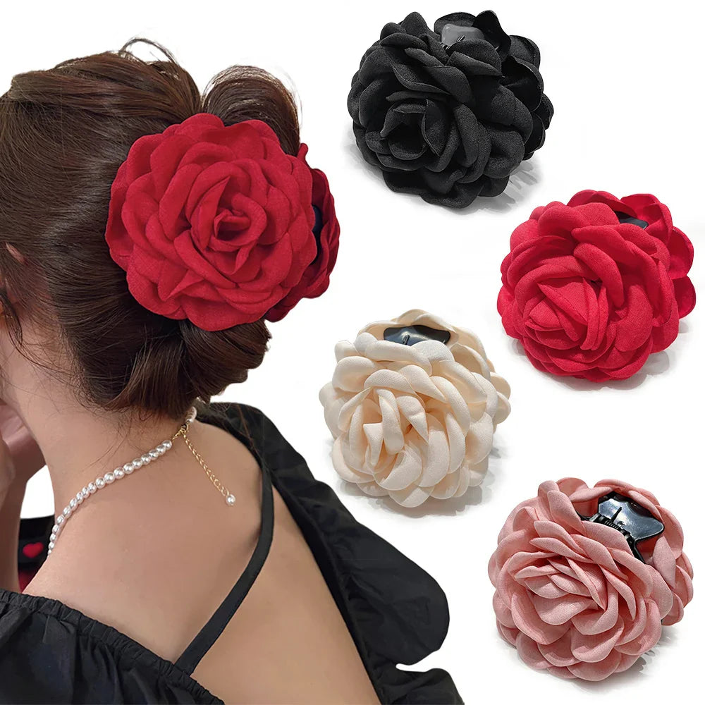 16 Colors Sweat Medium Size Cotton Fabric Rose Flower Hair Claw Clips for Women Korean Ctach Shark Clamp Hair Accessories 2024