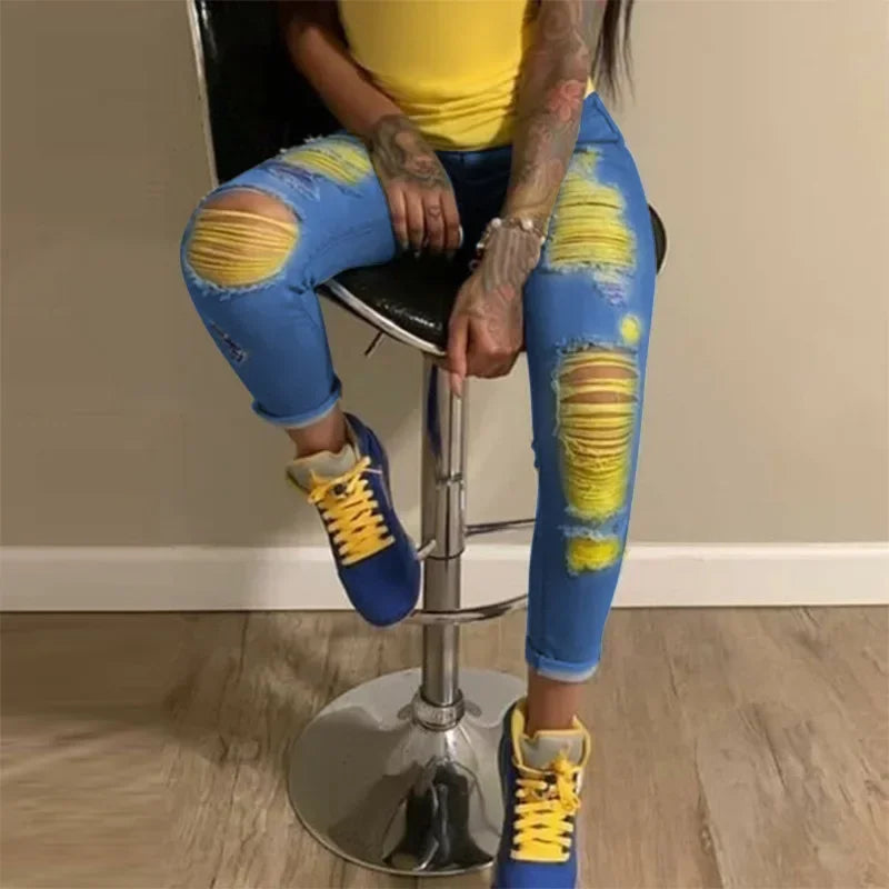 2025 New Ripped Jeans For Women Yellow Scratch Denim Pencil Pants High Waisted Stretch Skinny Hollow Out Sexy Female  Mujer