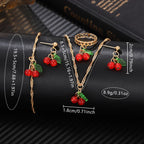 6PCS/Set Red Women's Watch With Minimalist Elements Dial Quartz Watch Latex Strap Cherry Elements Jewelry Set Girl's Gift