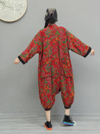 Artistic Large Floral Cotton Linen Chinese Style Button Embroidery Loose Casual Jumpsuit Women LX4344