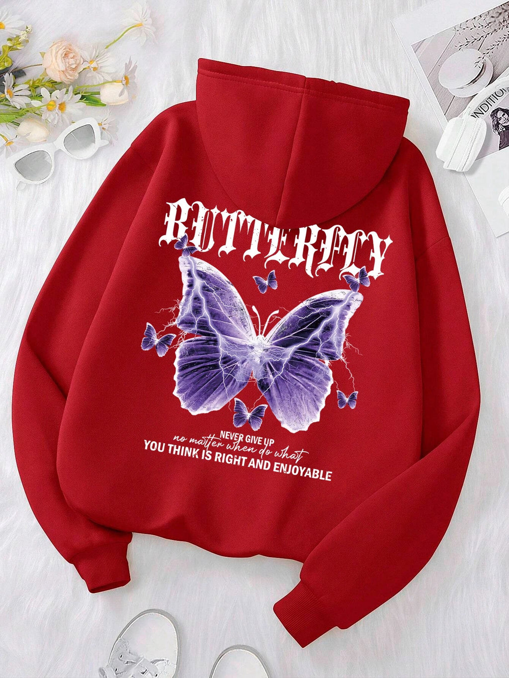 Beautiful Purple Butterfly Printing Hoodies Women Fleece Pocket Hoody Simple Casual Hoodie Autumn Loose Female Streetwear